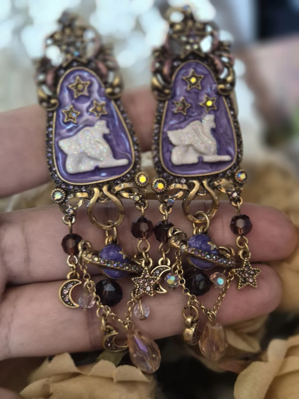 Purple Celestial Goat Drop Earrings with Gold Accents